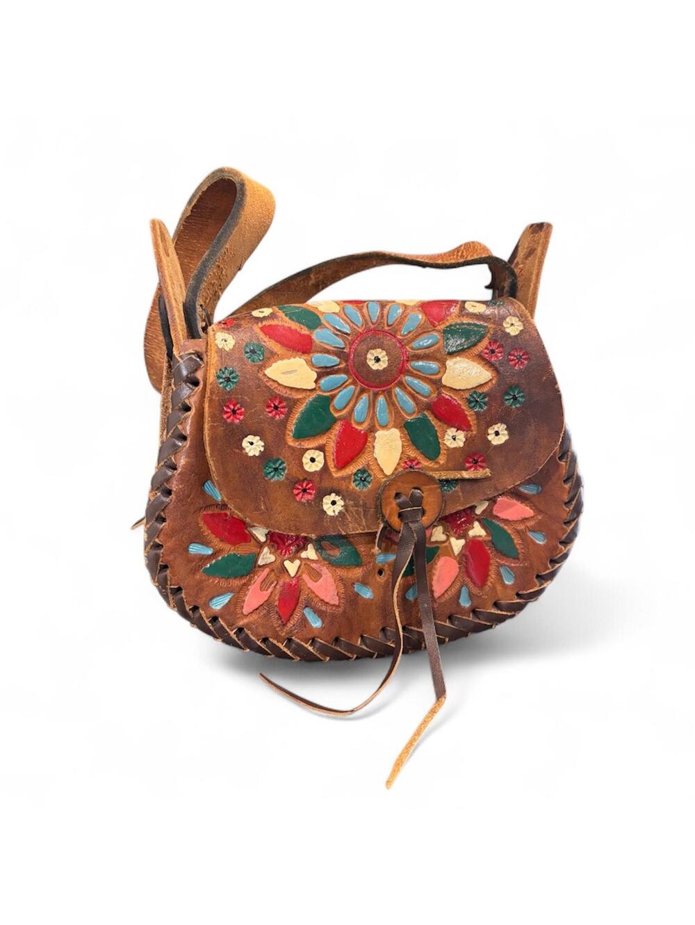 Vintage 70s Hand Tooled Brown Leather Floral Crossbody Boho Mexican Saddle Bag